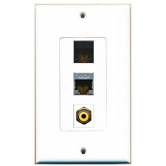 RiteAV - 1 Port RCA Yellow and 1 Port Shielded Cat6 Ethernet and 1 Port Cat6 Ethernet Black Decorative Wall Plate Decorative