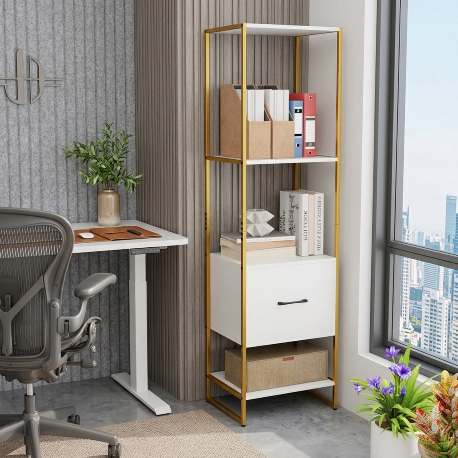Furnibear 5-Tier Narrow Bookcase with 4 Open Shelves and Storage Drawer for Living Room Home Office Bedroom Display Storage Shelf, White