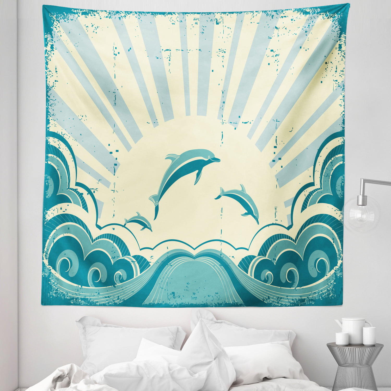 Blue Sea Dolphin Tapestry India Wall Art Hanging Tapestry Room Bedspread Decor 