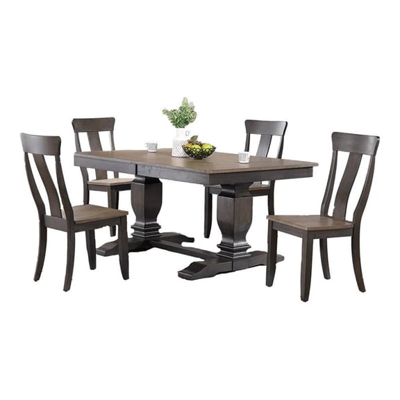 5-Pc Pedestal Wood Dining Set in Gray/Black Stone