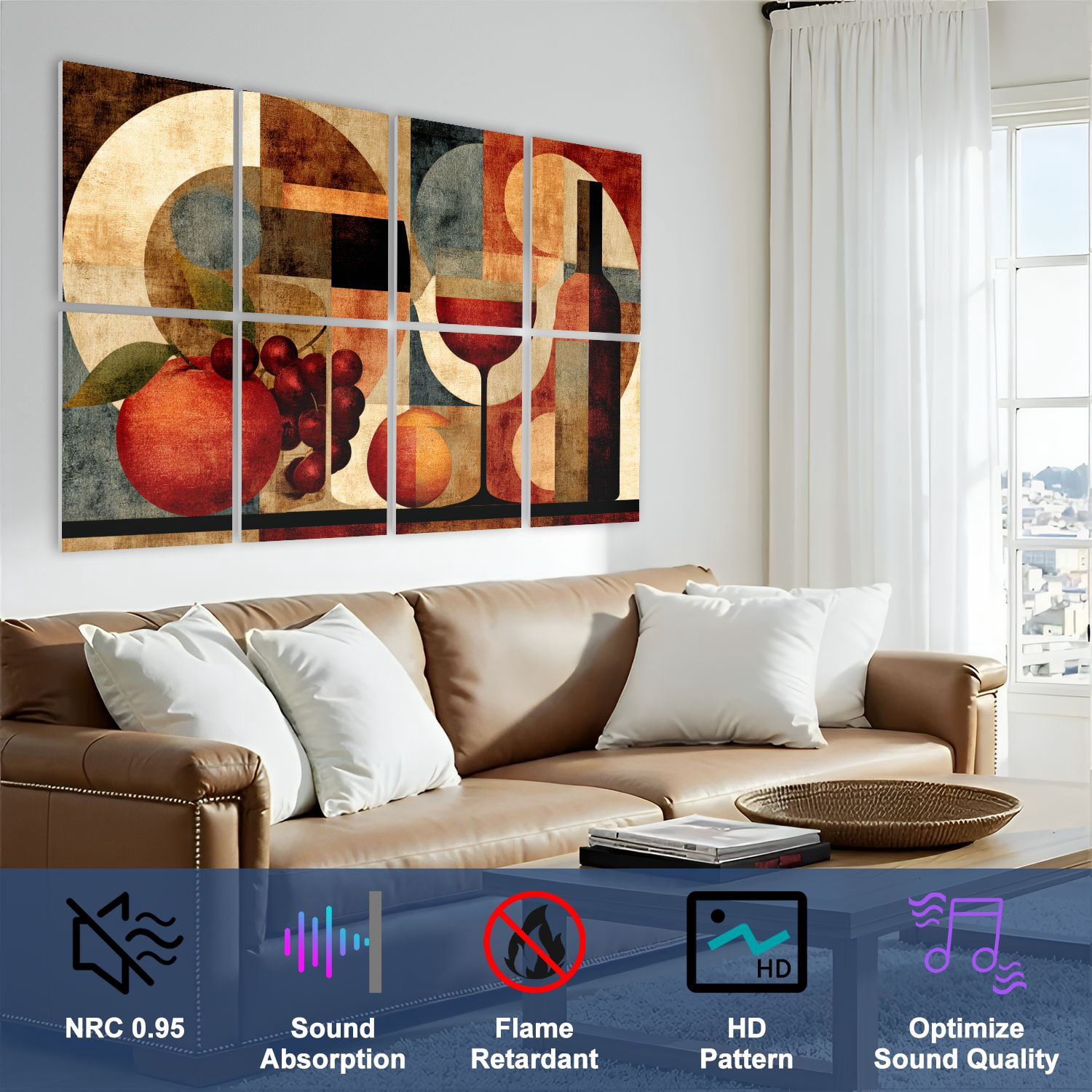 8 Pack Art Acoustic Panels Wine Glass Still Life Abstract Bar Wine Bottle Two Wine Glasses Self Adhesive Sound Absorbing Panels for Home Office Studio Media Room 48"x32"