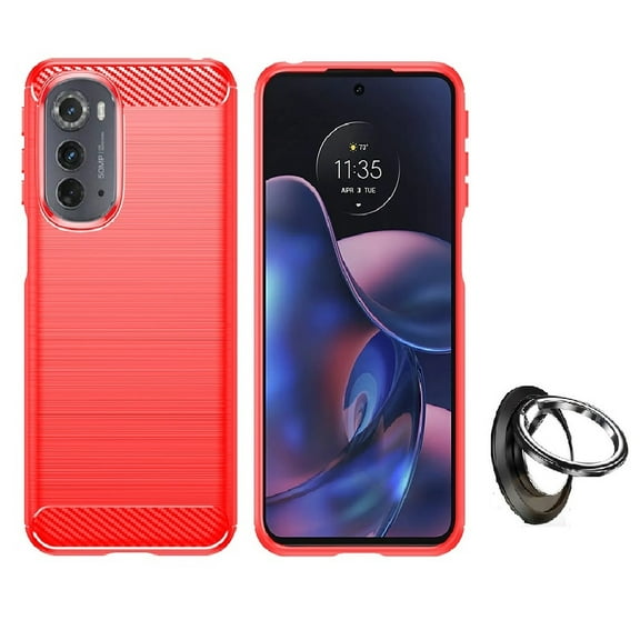 For Motorola Moto Edge (2022), Carbon Fiber Design TPU Gel Skin Case Cover   Ring  (Red)