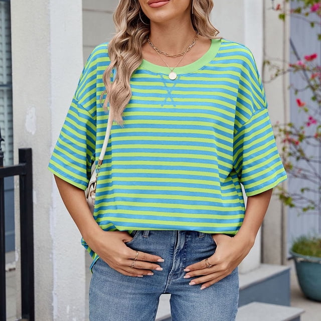 BVOFAR T-Shirts Rayés Oversize pour Femmes Été Décontracté Color Block Tendance Manches Mi-Longues Col Rond Tunique Tops 2025