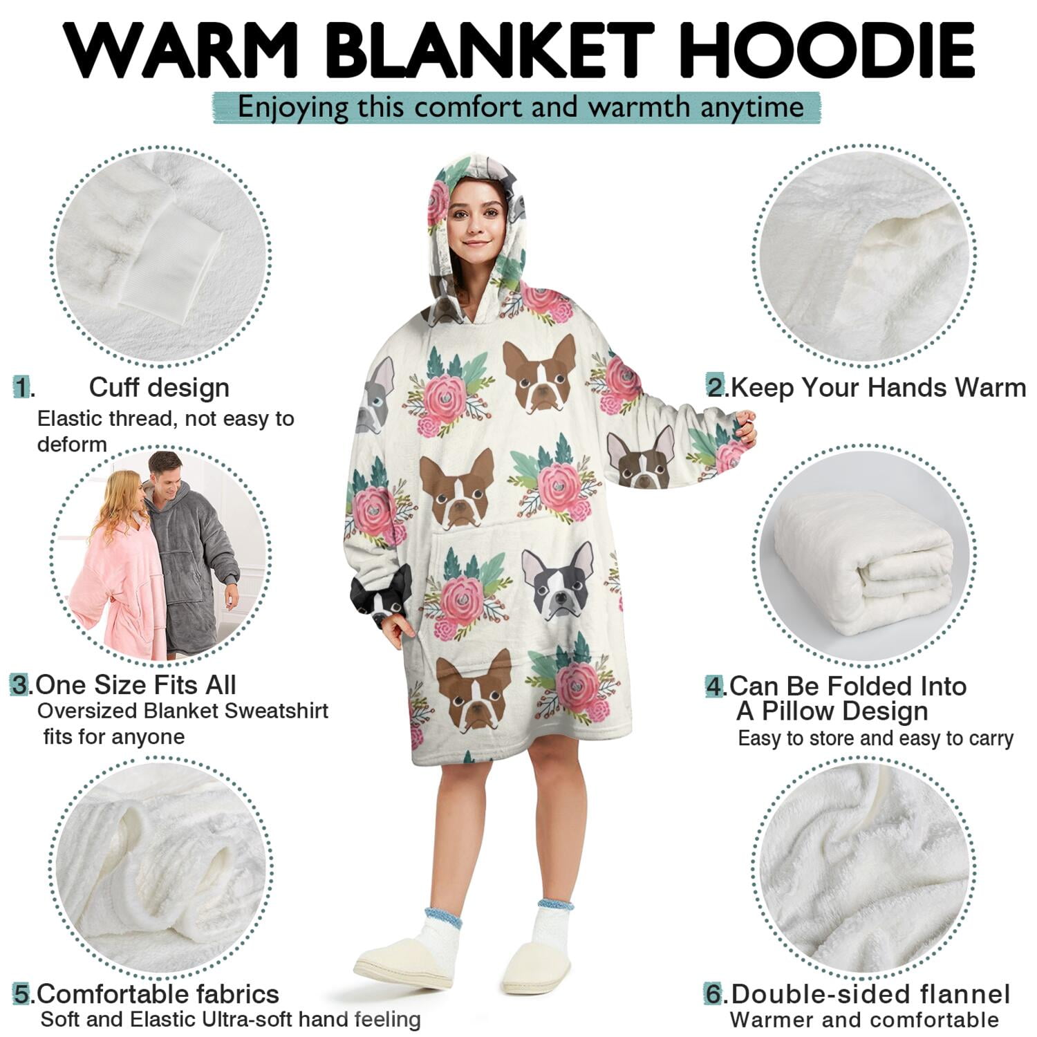 White Boston Terrier and Flower Wearable Oversized Blanket,Wearable Blanket Hoodie for Adults,Cozy Hooded Blankets with Super Pockets,Super Warm Fuzzy Pullover for Women & Men