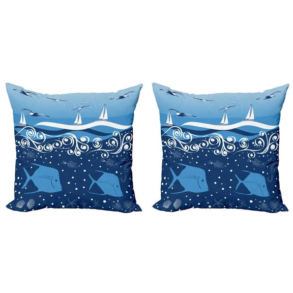 Ambesonne Nautical Throw Pillow Cover 2 Pack, Underwater Life Sail, 16", Blue White