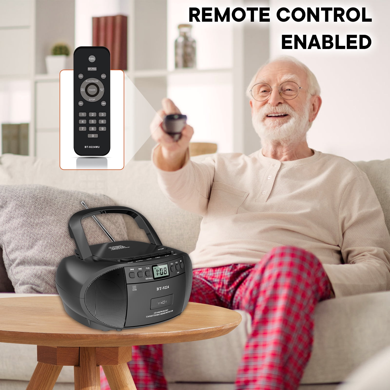 Boombox CD and Cassette Player,Casette Tape Recorder with Remote,AM FM Radio, USB Playback with Earphone Jack, 5.1V Bluetooth Speaker, Battery Operated or AC Powered for Home