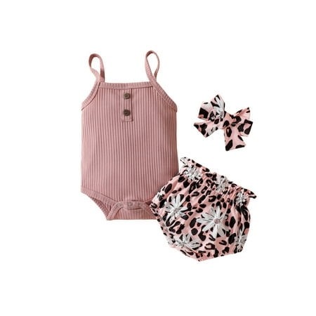 

Frobukio 3-Piece Baby Girls Outfit Ribbed Spaghetti Strap Snaps Romper + Floral Print Pantie + Headband for Toddler 0-18 Months Purple 0-3 Months