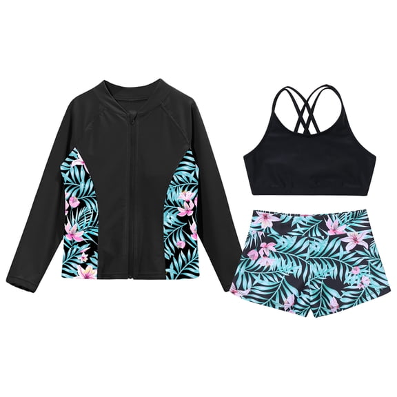 Aislor Girls 3-Piece Long Sleeve Rash Guard Sets Floral Tankini Bikini with UPF 50 Zip Rushguard Shirt Swimwear Lily 16
