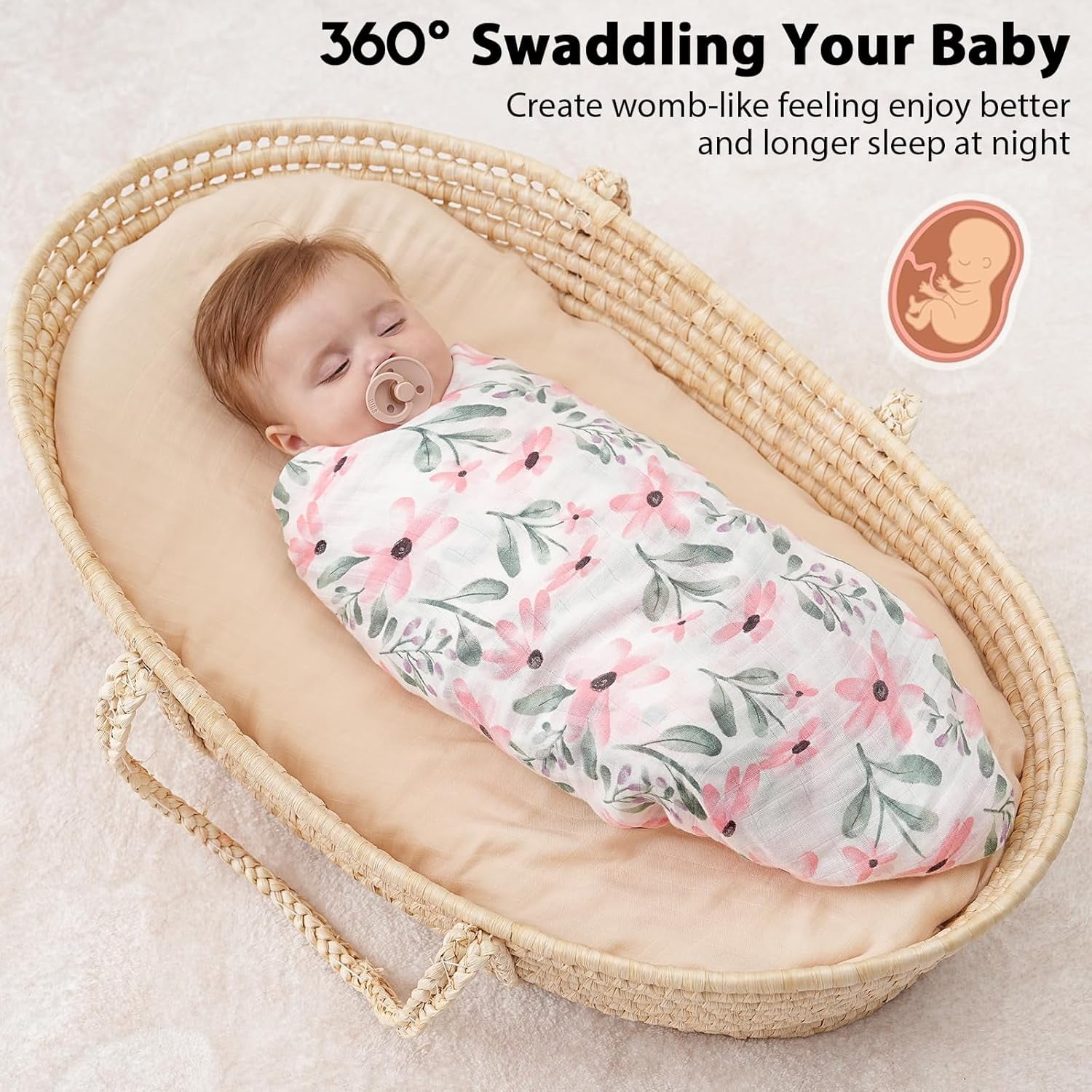 Yoofoss Muslin Swaddle Blankets, Organic Baby Blankets, 47 x 47 Inches Receiving Blanket 4-Pack for Baby Boys and Girls, Baby Essentials for Newborns Soft Breathable Pink Flower