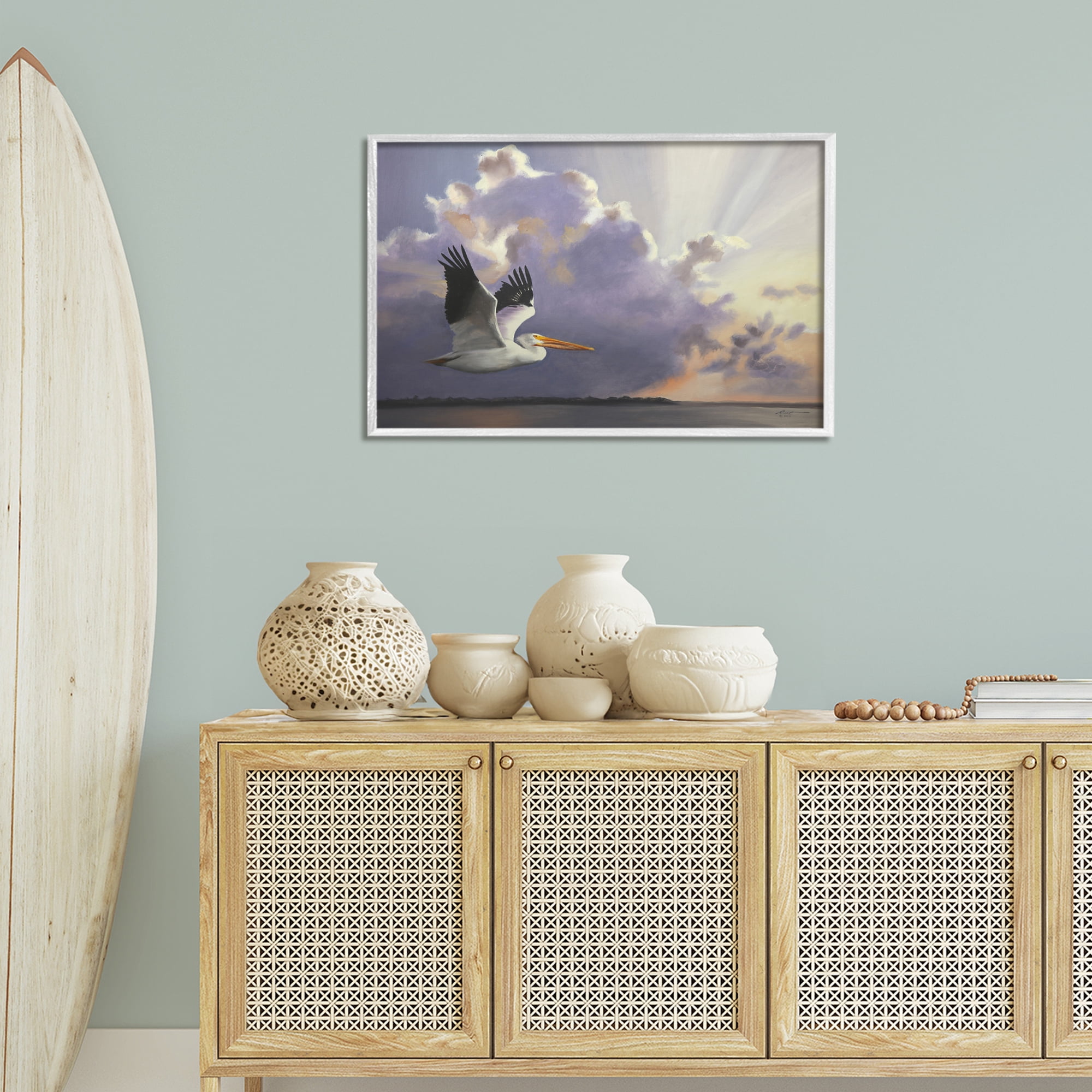 Stupell Industries Dawn Sunrise Pelican Landscape Painting White Framed Art Print Wall Art, 30 x 20