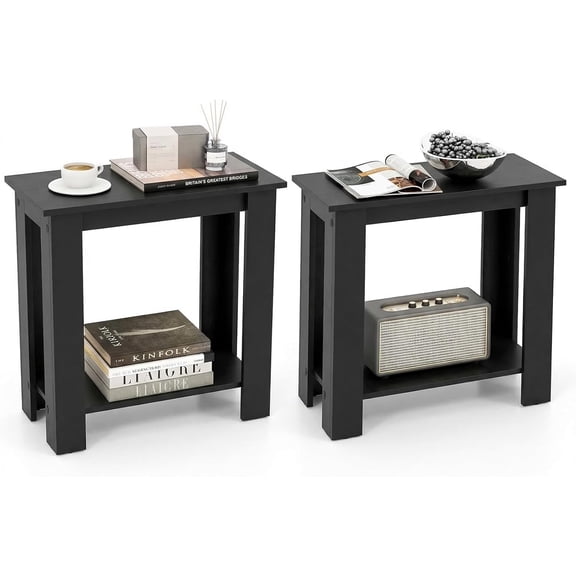 LEHOME Narrow End Table Set of 2, 2-Tier Side Table with Open Storage Shelf, Retro Wood Sofa Table Bedside Tables for Small Spaces, Slim Nightstand for Living Room, Bedroom, Easy Assembly, Black