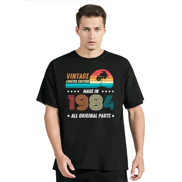 Camiseta de algodón con cuello redondo de cumpleaños vintage de 1984, ropa para hombre, camiseta de gran tamaño, camiseta casual de fitness, tops