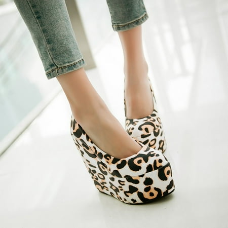 

GWAABD Ladies Casual Flats Fashion Women Leopard Stitching Wedge Shoes Round-toe Shallow Mouth Single Boots