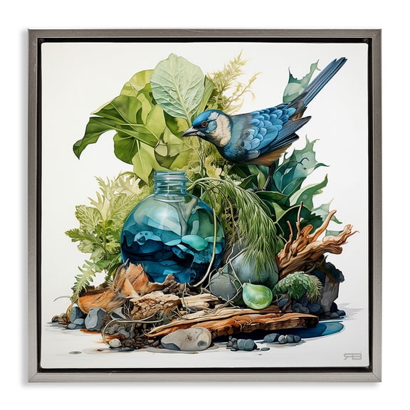 Stupell Industries Eclectic Bluebird & Woodland Plants Gray Floating Frame Canvas Art, 25 x 25, by RB