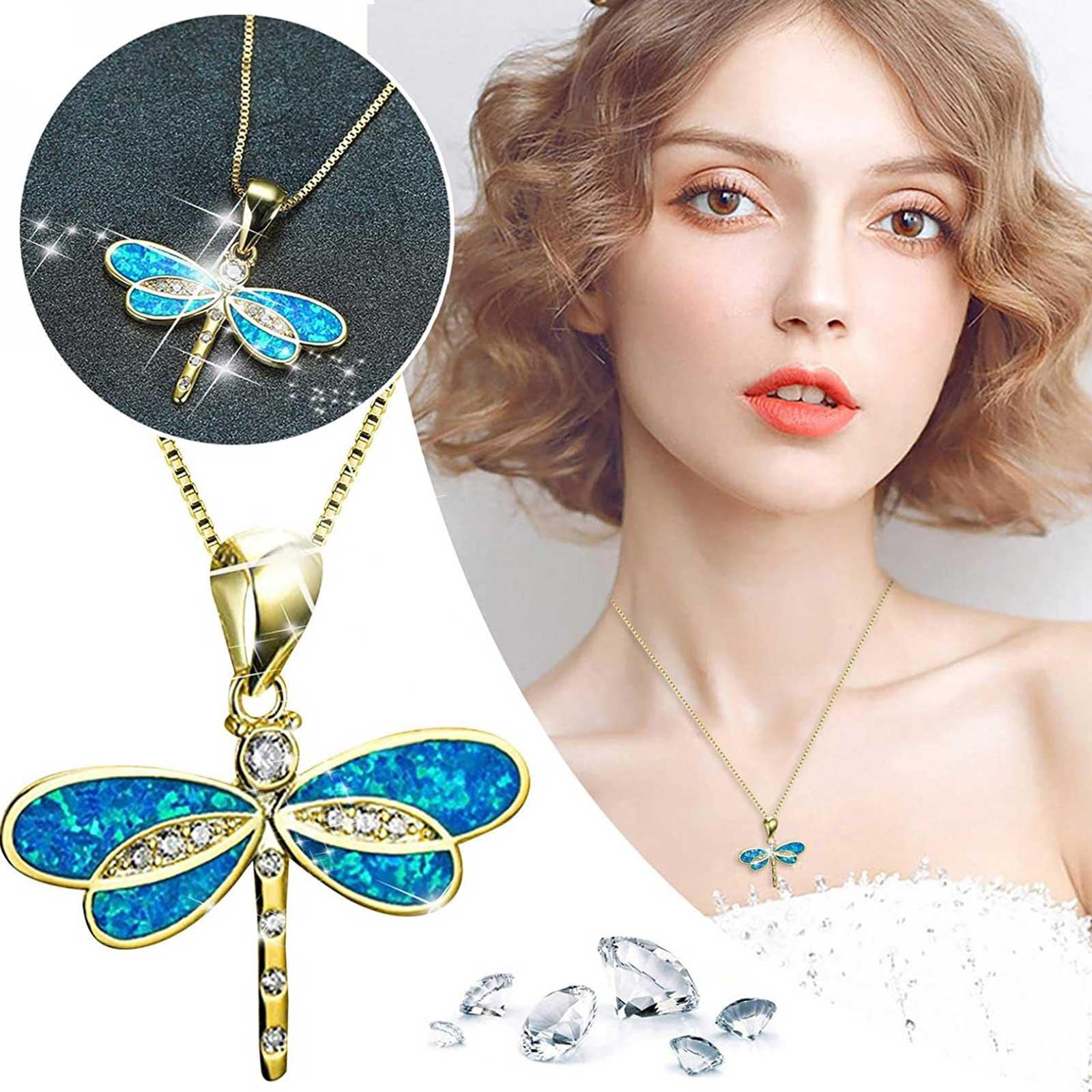 Dragonfly Necklace Pendant Choker For Women Girls Gold Silver White Blue Opal Z0T2 - image 3 of 9