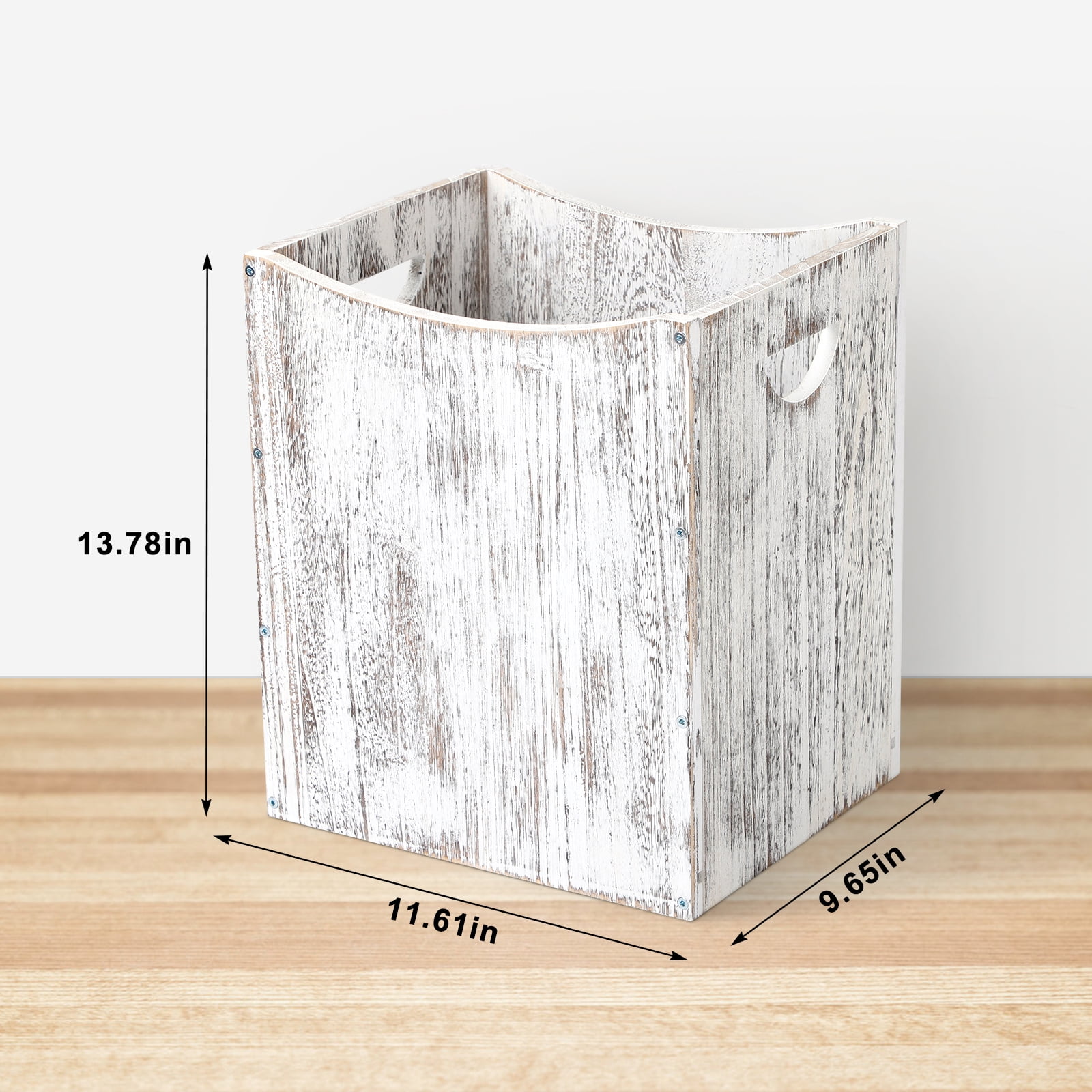 5.3 Gallon Rustic Wood Trash Can Wastebasket with Handles, White-Brown, Set of 2