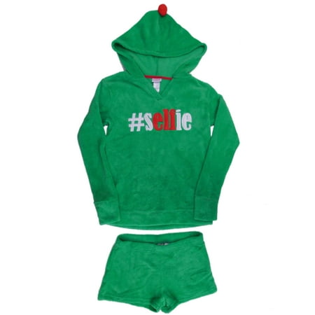 Secret Santa Womens Plush Green Selfie Pajamas Shorts & Elf Hoodie