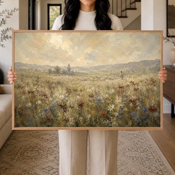 Oversized Jesus the Good Shepherd Wall Art, Christian Wildflower Landscape Canvas, Biblical Faith Art Minimalist Modern Religious Home Decor