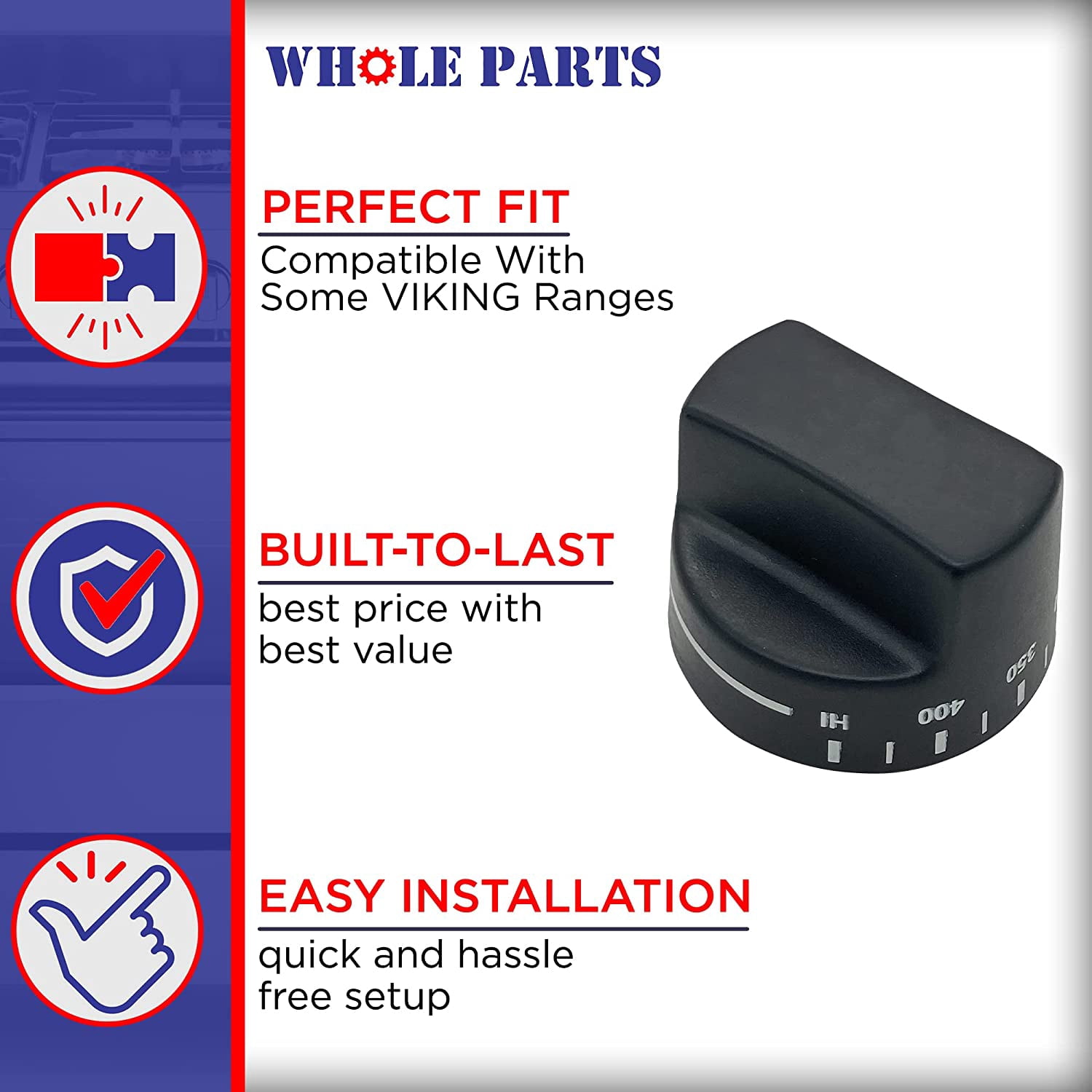 Whole Parts Griddle Knob (Black) Part # PB010103 - Replacement & Compatible With Some Viking Ranges