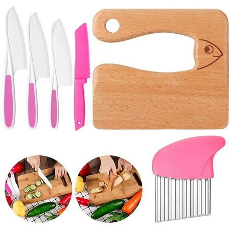 

Littleduckling Children Cooking Knives 6Pcs Multifunctional Kids Kitchen Knife Set Safe Round-Edged Toddler Knife Kit with Plastic Serrated Knives Wooden Knife Potato Cutter Flat Knife(Pink)