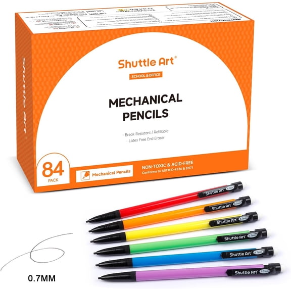 Mechanical Pencils, Shuttle Art 84 Pack Bulk Mechanical Pencils 0.7mm Medium Point, HB #2 Lead, Assorted Barrels