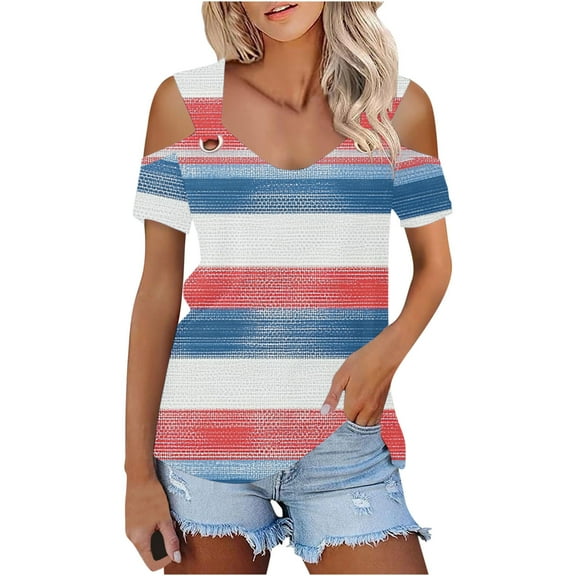 Women Cold Shoulder Blouses Short Sleeve Tee Shirts Color Block Striped Shirt Summer Trendy Shirts Women 's Cotton Tee-Shirt