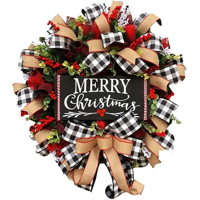 Buffalo Check Xmas Holiday Decor Outdoor Fall Decorations, Artificial Spruce Burlap Ribbon Garland s for Front Door (18 inch)