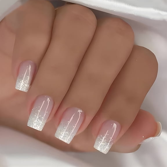 RAGUPEL 24 Pcs Glitters False Nail French Tip Artificial Nail Full Cover Stick on Nail Short Square Press On Nail