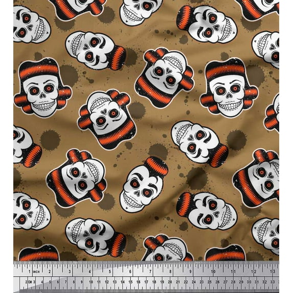 Soimoi Poly Georgette Fabric Brush Stroke & Skull Halloween Fabric Prints by Yard 42 Inch Wide