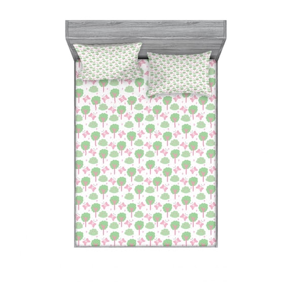 Forest Bedding Set with Sheet & Covers, Nursery Style Trees Bushes and Flying Butterflies with Polka Dots, Printed Bedroom Decor 2 Shams, 4 Sizes, Pink and Pale Green, by Ambesonne