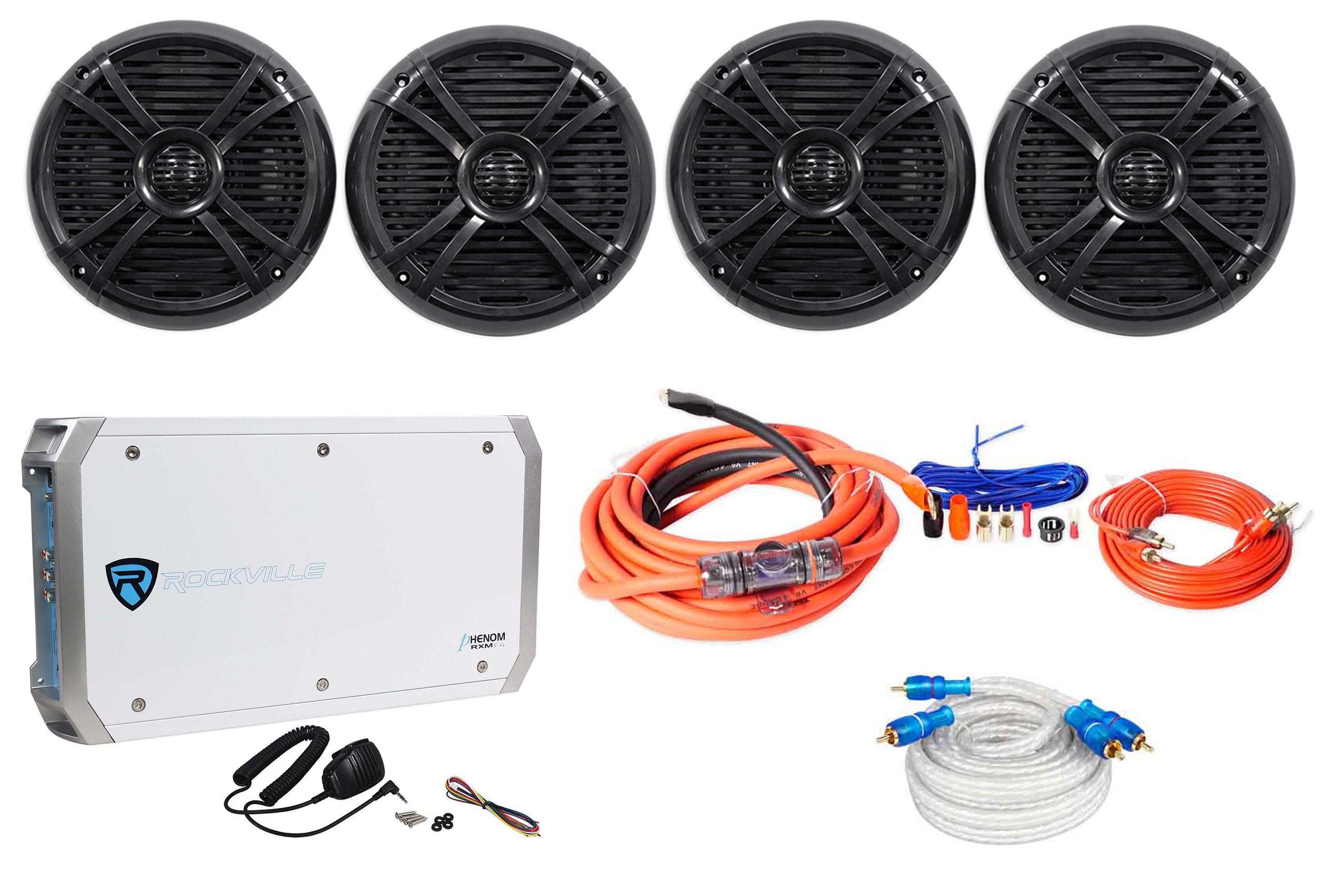 (4) Rockville RMSTS80B 8" 2000w Marine Boat Speakers+4Ch Amplifier+Amp