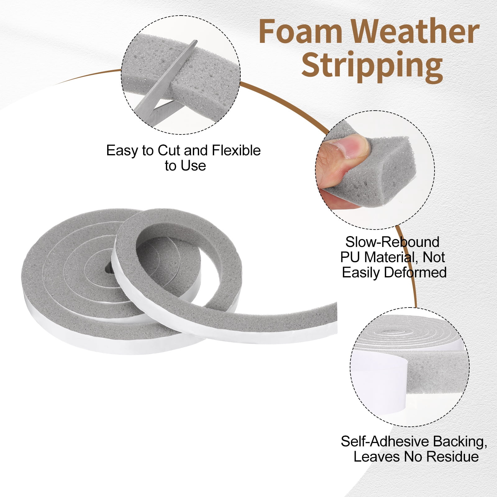 13/16" x 13/16" Foam Weather Stripping, Self Adhesive Door Seal Insulation Strips, Soundproofing Foam Seal Tape for Door/Window, Air Conditioning (26.25 Ft Total Length in 4 Roll)