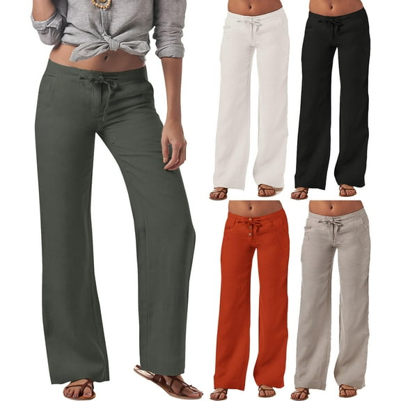 Hat and Beyond Women's Casual Palazzo Linen Pants Trousers with Lantern Drawstring