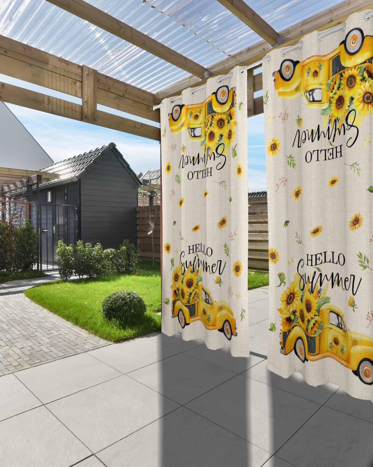 Outdoor Curtains for Patio, Summer Sunflower Waterproof Blackout Outside Curtain for Porch/Pergola/Gazebo, Yellow Truck Botanical Rustic Thermal Insulated Drapes for Cabana, 2 Panels, 54 x 95 Inch