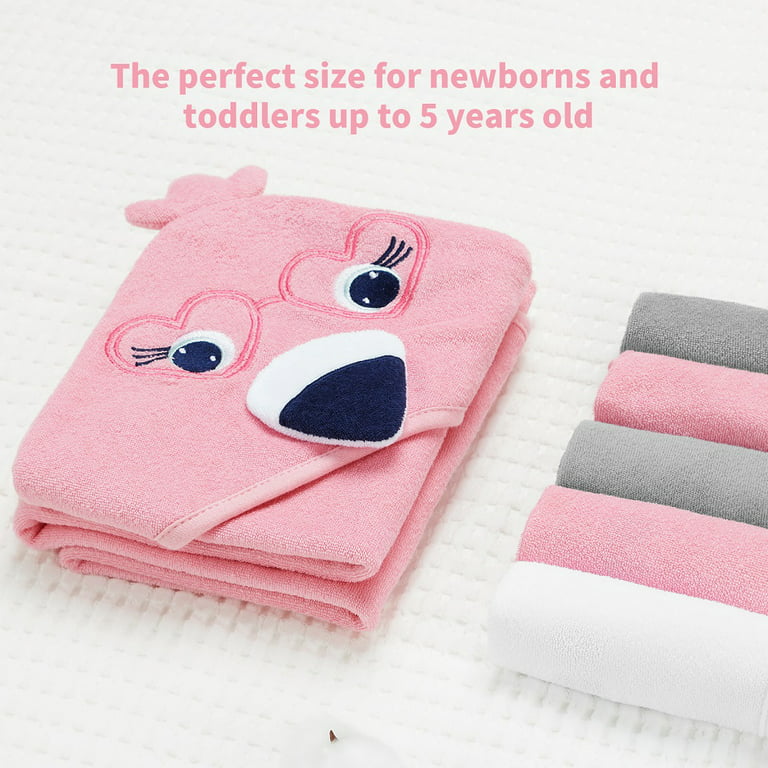 Bullpiano Hooded Baby Towel with Washcloths Set Baby Bath Essentials Newborn Baby Bath Items,Flamingo, Size: 0-3 Years, Pink