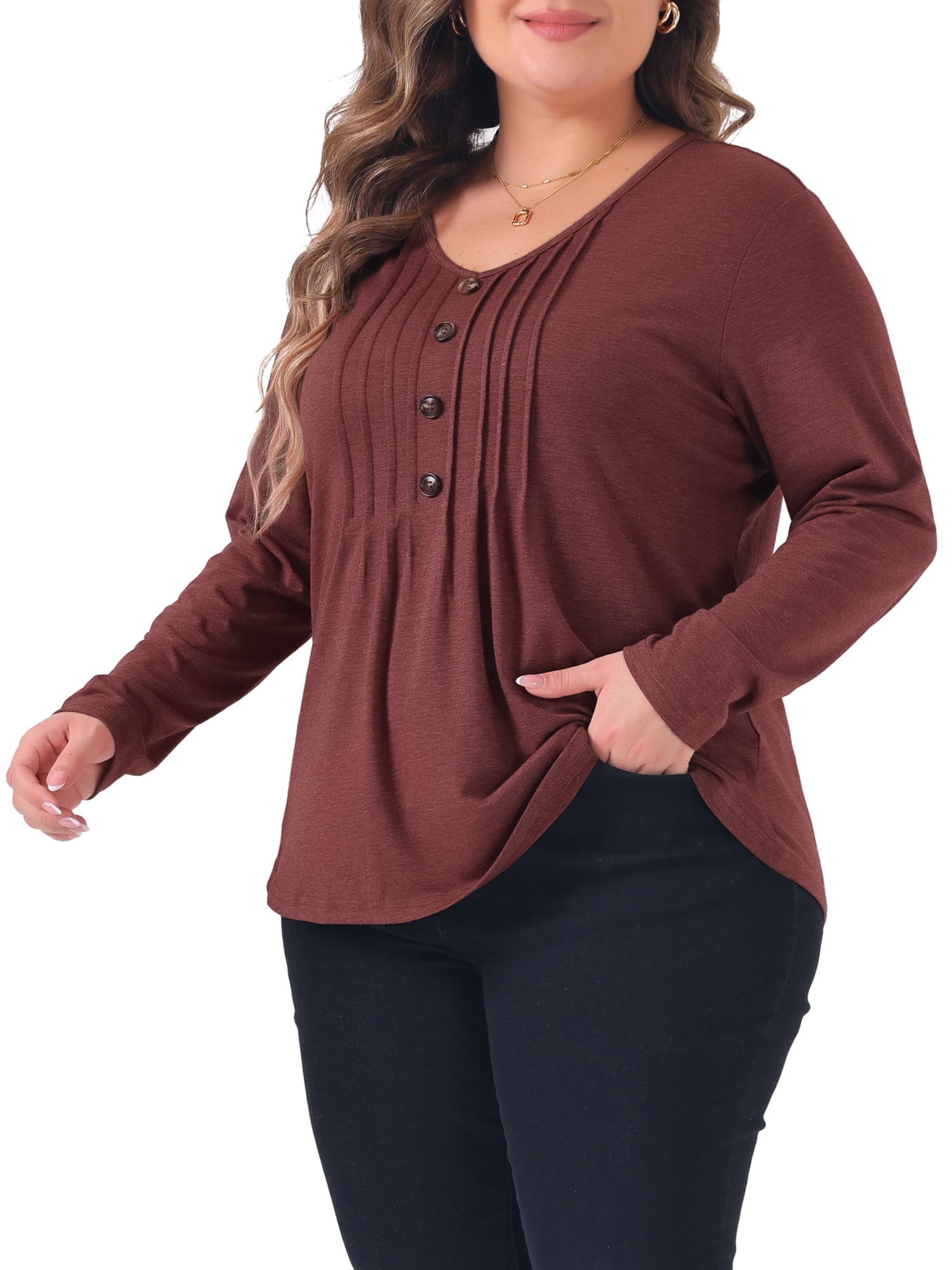 DARING DIVA Women's Plus Tops Pleated Front V Neck Button Blouses 4X Burgundy