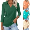 thumbnail image 2 of VERUGU Womens Tops 3/4 Sleeve Shirts V-Neck Lapel Loose Casual Comfy Blouses Trendy Solid Classic T-shirts for Leggings Khaki M, 2 of 5