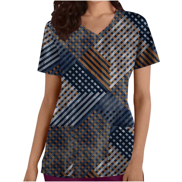 Fiudx Ofertas Flash Del Día Top de Chaqueta de Trabajo Protectora con Bolsillo de Manga Corta y Estampado de Purpurina de Bloque de Color Retro con Cuello En V para Mujer