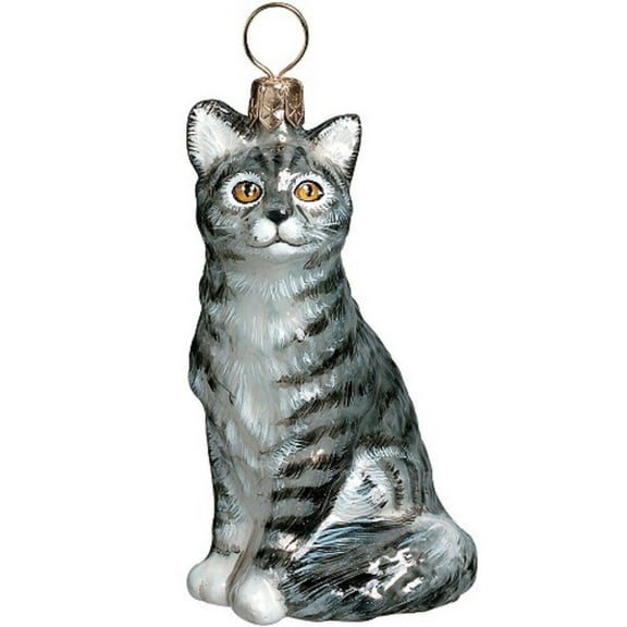 American Shorthair Gray Sitting Cat Polish Glass Christmas Ornament Decoration