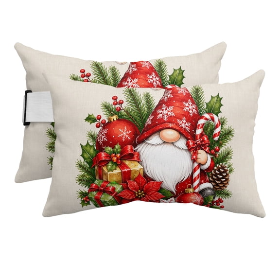Outdoor Pillow for Chaise Lounge Chair Christmas Gnome Poinsettia Headrest Pillow with Adjustable Strap Set of 2,11x16 in, Winter Pinecone Holly Berry Retro Linen Waterproof Head Pillows for Patio