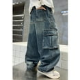 thumbnail image 6 of Boys Baggy Cargo Jeans, Elastic Waistband Multiple Pockets, Wide Leg Denim Trousers for Active Kids Age 6-13, 6 of 9