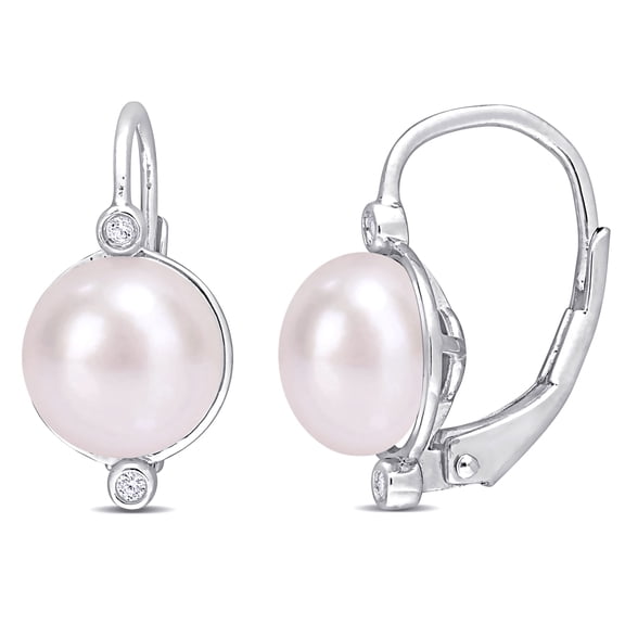 Everly Women’s 7.5-8mm Cultured Freshwater Pearl Diamond Accent Sterling Silver Leverback Earrings
