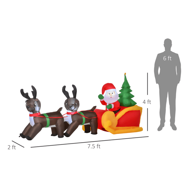 7ft Inflatable Christmas Sleigh with Santa & Reindeer - 12 LED Lights, Self-Inflating for Christmas Decor