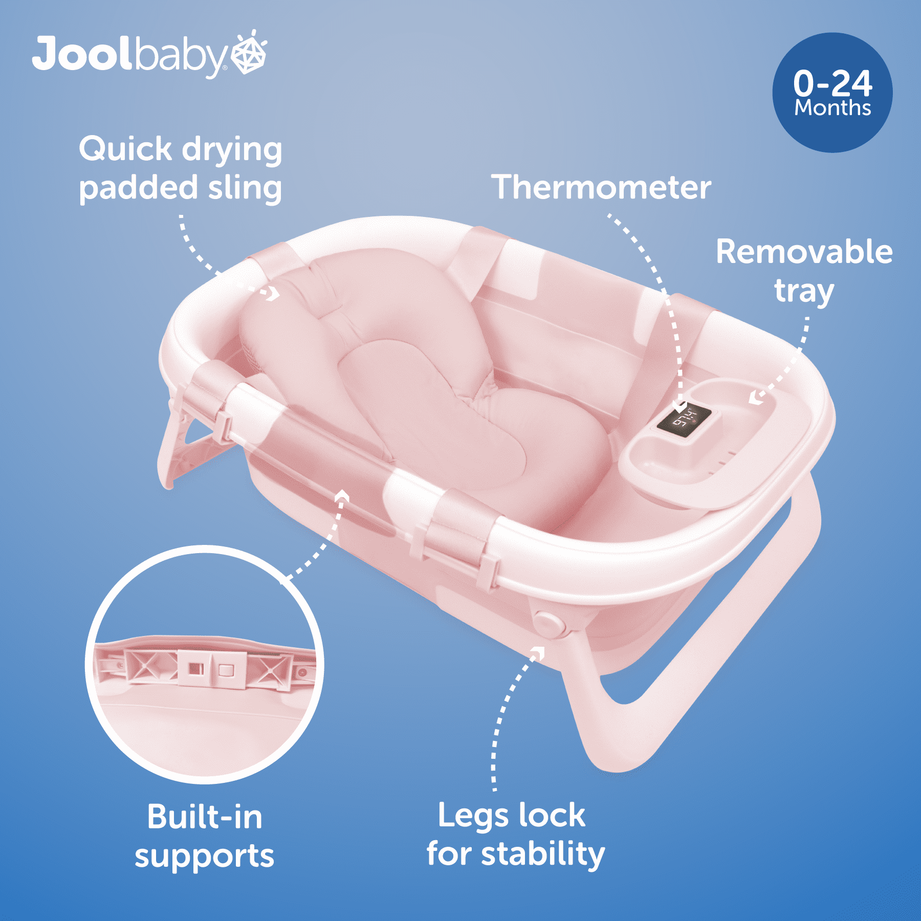 Jool Baby Fold ‘n Store Baby Bathtub – 3 Stage Collapsible Bather for Easy Storage, Portable for Travel – Built-in Thermometer (Pink)