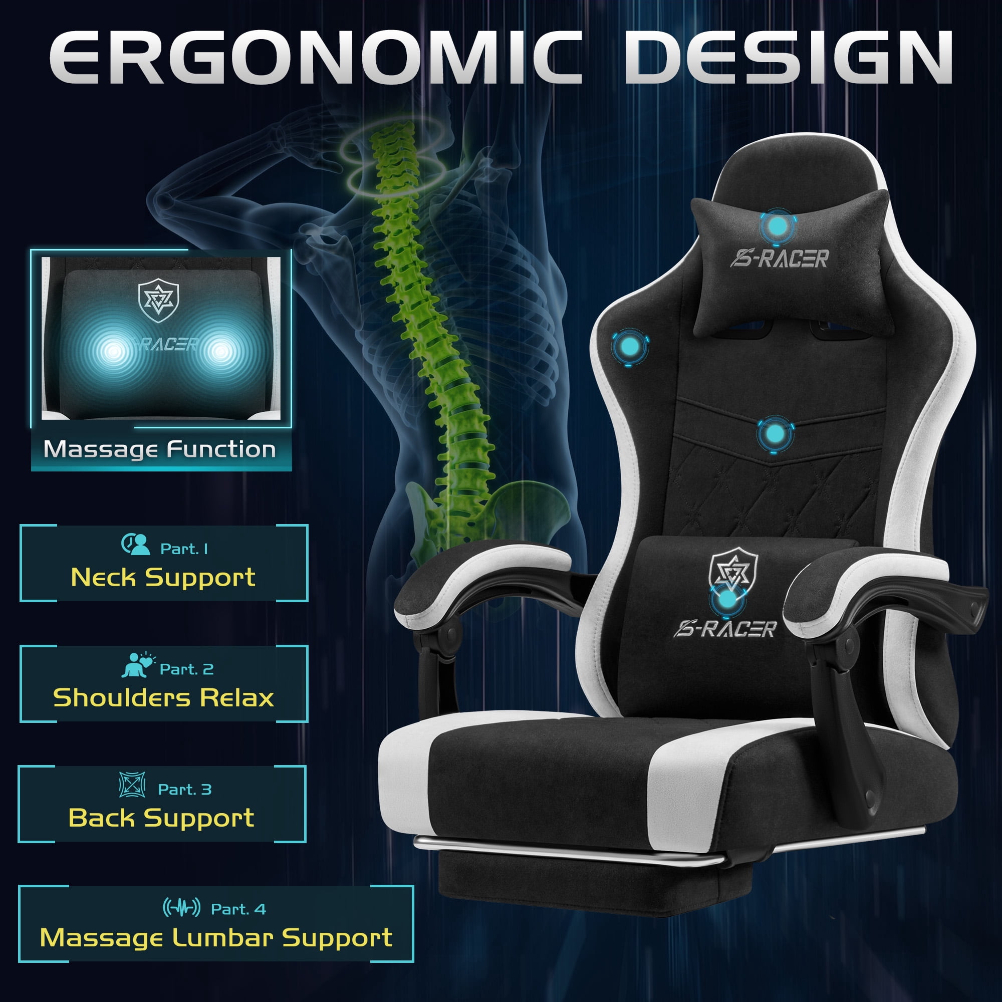 Homall Reclining Gaming Chair Premium Technical Fabric Massage Video Game Chair with Headrest, Lumber Support and Footrest, Black