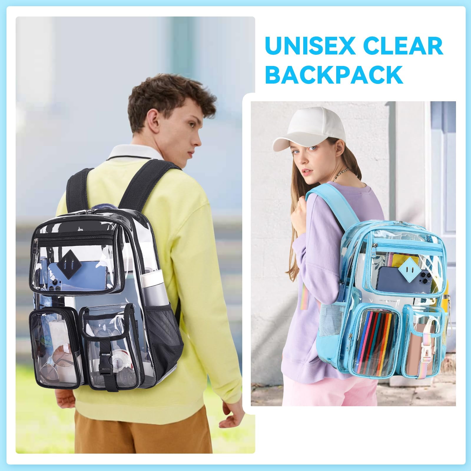 Sanmadrola Large Clear Backpack Heavy Duty Stadium Approved See Through Backpack Waterproof PVC Transparent Backpacks Clear Book Bag with Reinforced Strap for School Work Travel Festival, Blue