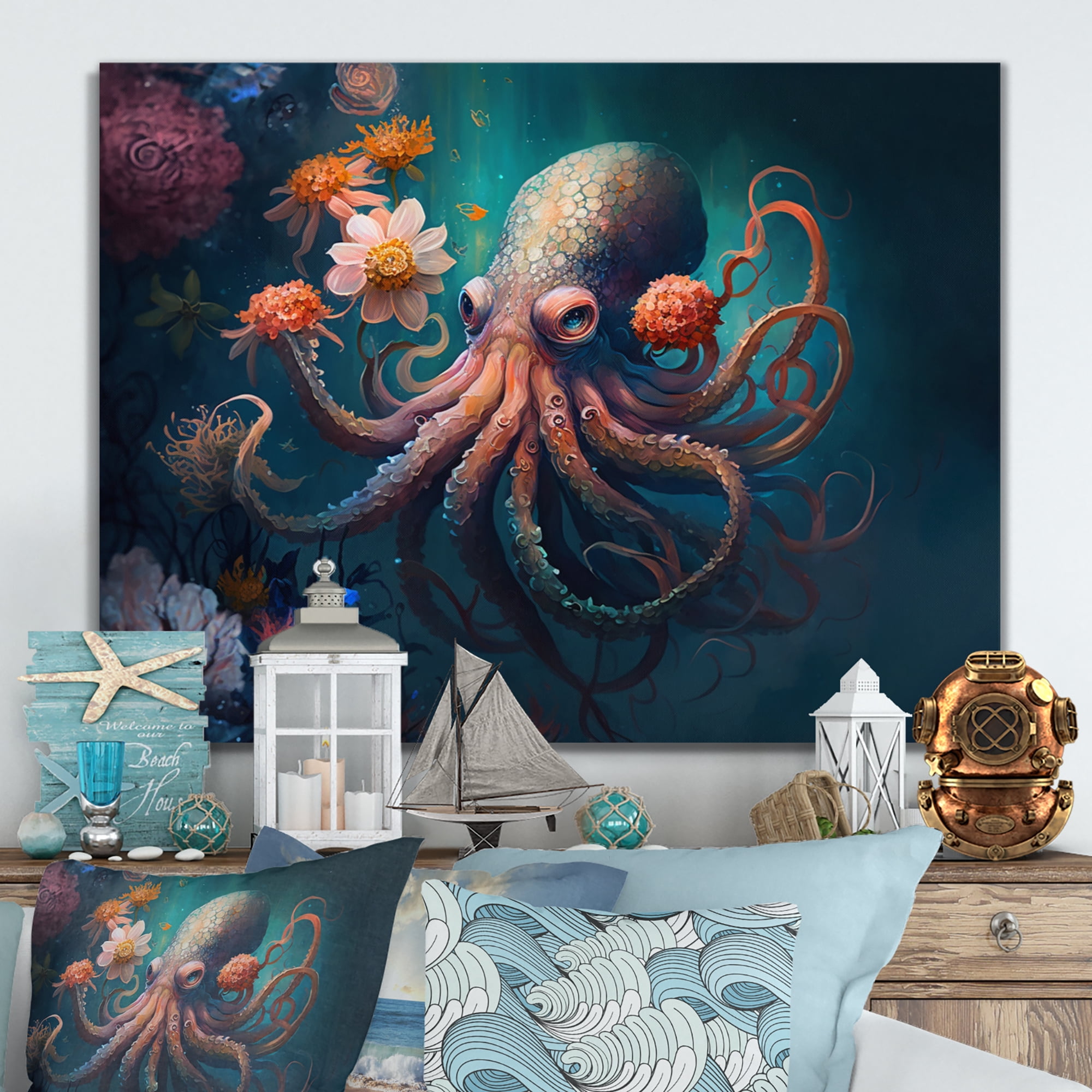 Designart Octopus In The Ocean With Flowers III Canvas Wall Art