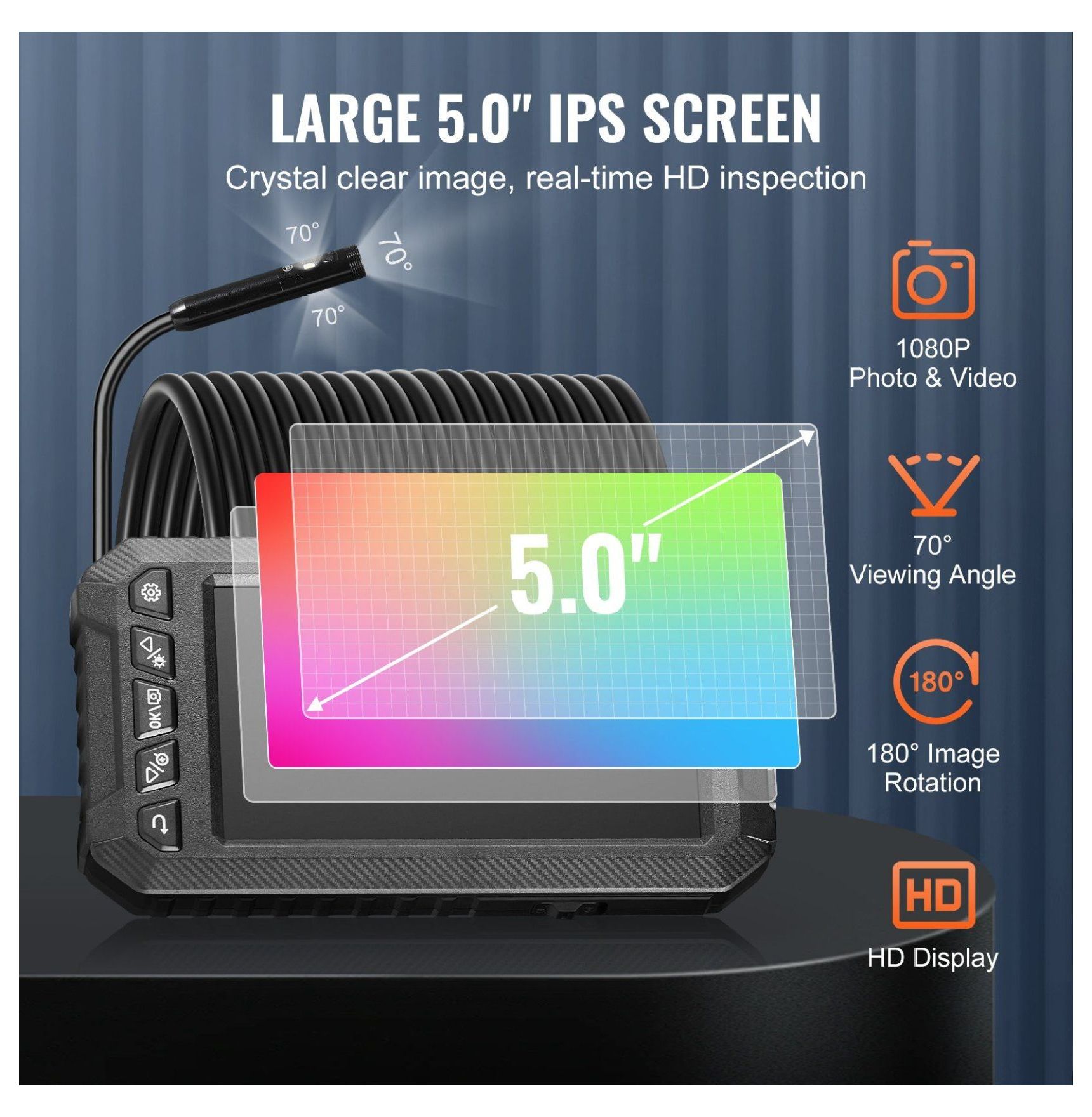 Endoscope Camera with Light, 49.2FT Borescope, 5" IPS Screen 1080P, 8+2 LED, IP67 Waterproof Snake Camera for Automotive, Plumbing Inspection (32GB SD Card)