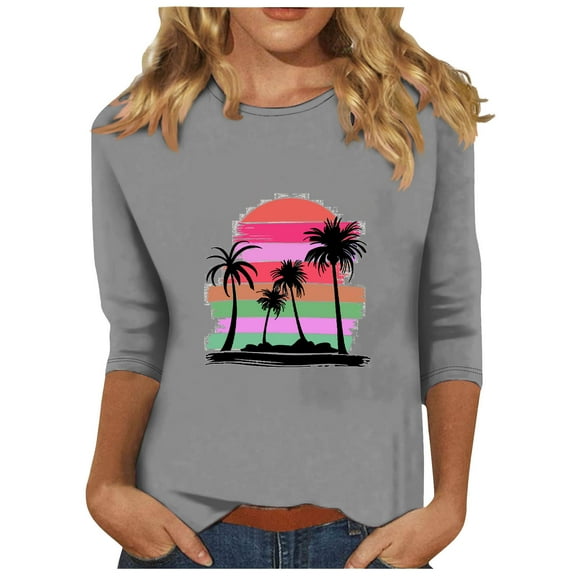 BangWanChi 3/4 Length Sleeve Womens Tops Women's Fashion Printed Round Neck 3/4 Sleeve T-Shirt Loose Tops Long Sleeve Round Neck Tops/Shirt