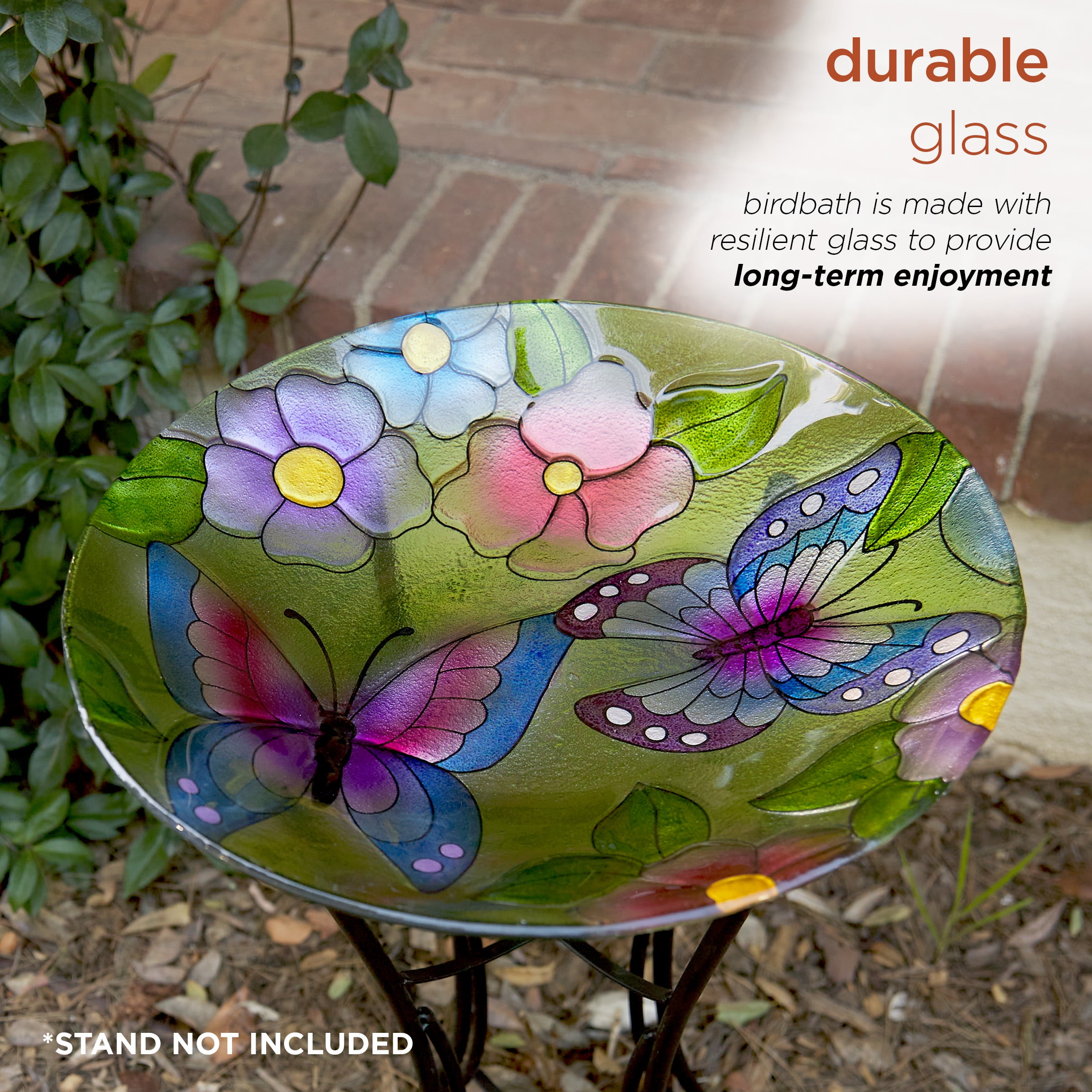 Alpine Corporation 18" Floral Butterfly Painted Glass Birdbath Bowl, Multicolor